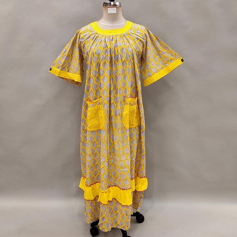 S/M Nawaar Printed Cotton Dress 56&quot; Short Sleeves Jalabiya
