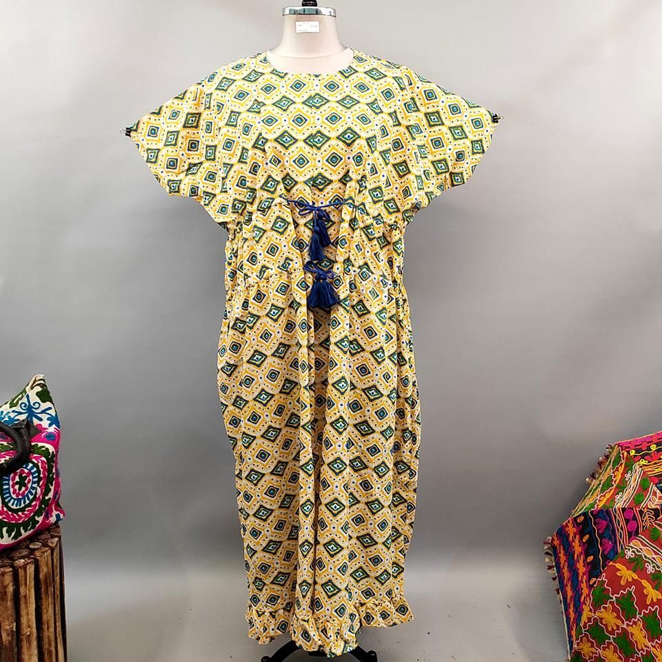 Free Size Farasha Printed Kaftan Cotton Dress 56&quot; Long Jalabiya