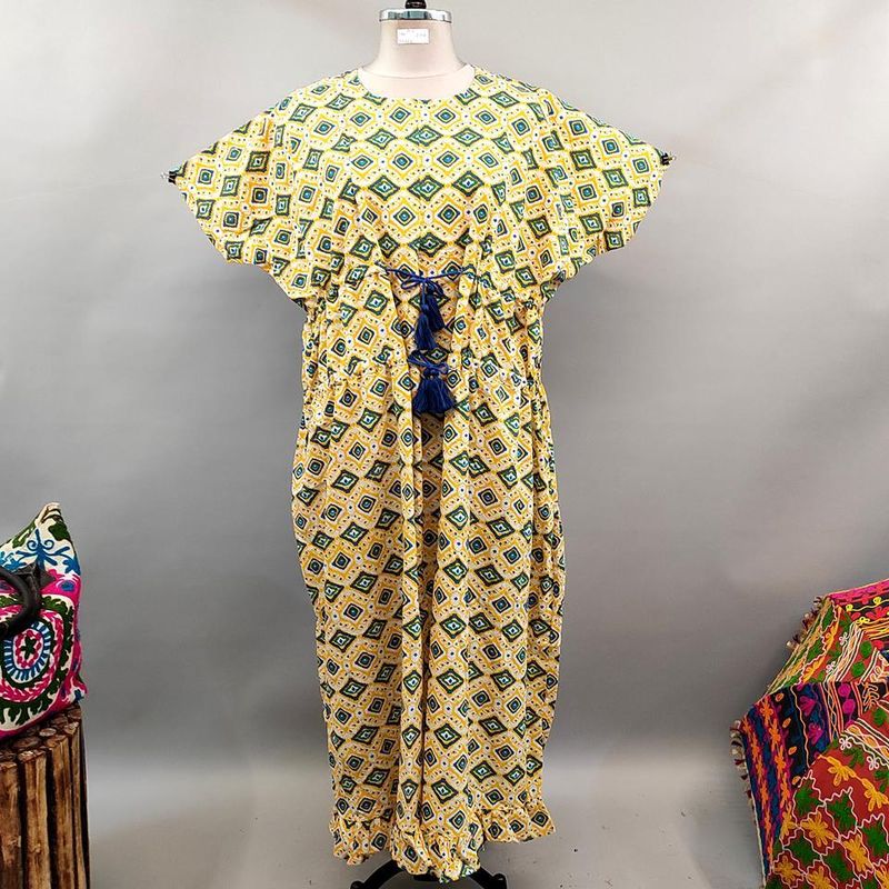 Free Size Farasha Printed Kaftan Cotton Dress 56&quot; Long Jalabiya