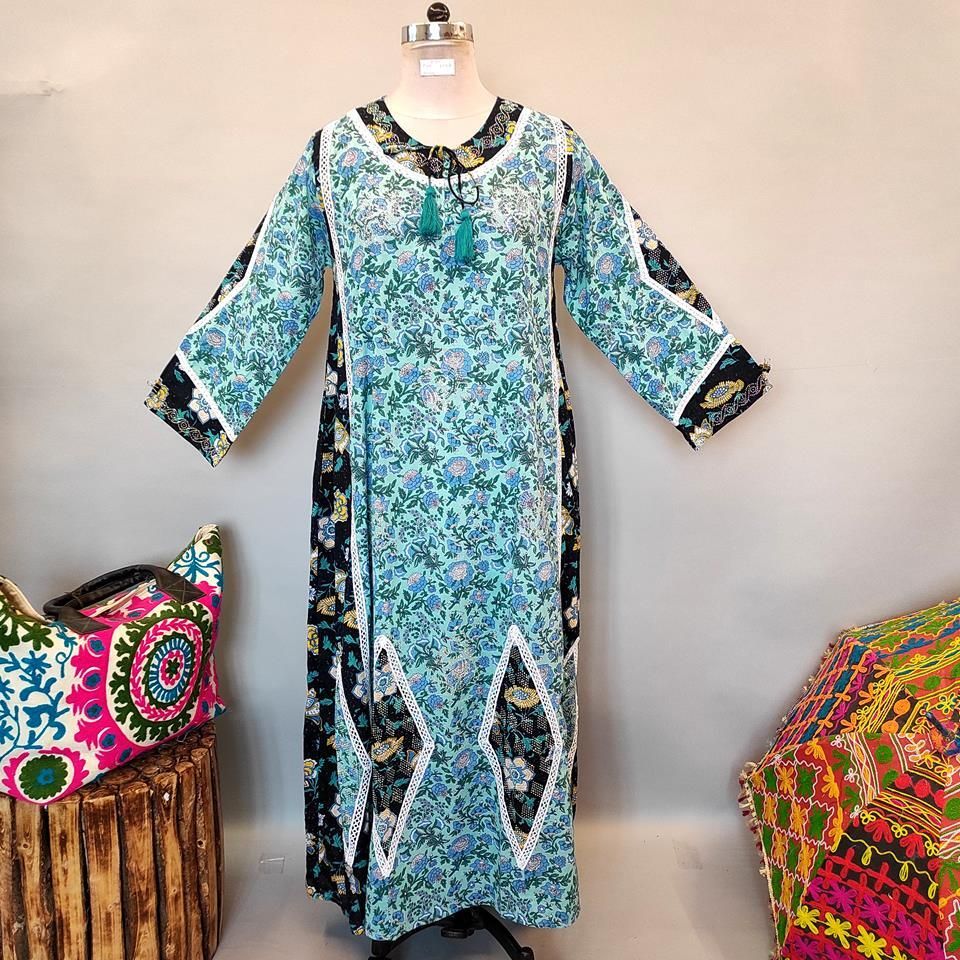 L/XL Atushi Printed Cotton Dress 56&quot; Long Jalabiya