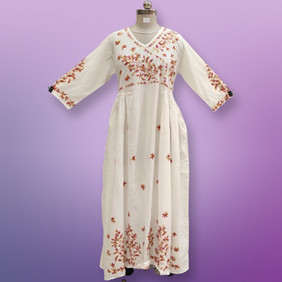 L/XL Lairah Embroidery White Cotton Dress 56&quot; Long Jalabiya