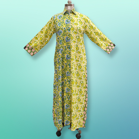 L/XL Singapore Yellow Printed Cotton Dress 57&quot; Long Jalabiya