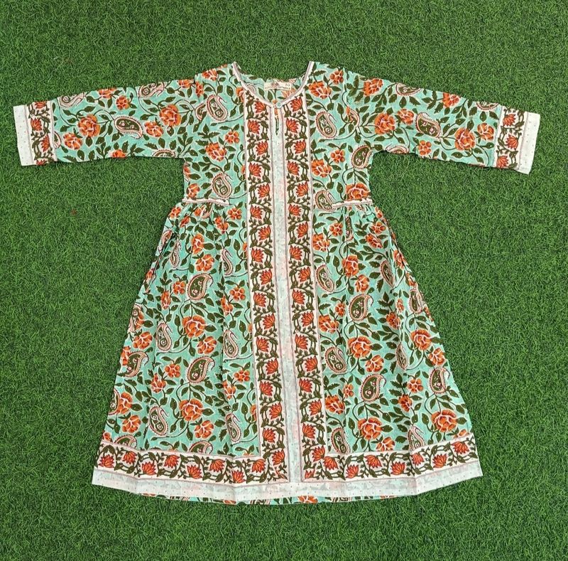 8-9 Year Bhopali Crystal Printed Cotton Girls Dress 42&quot; Long Jalabiya