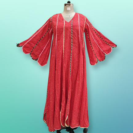 S/M Meher Crystal Red Plain Solid Cotton Dress 56&quot; Long Jalabiya