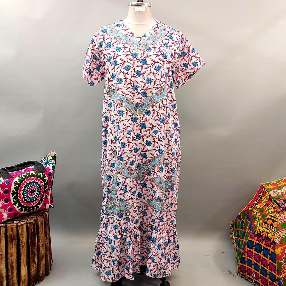 2XL/3XL Junaira Printed Cotton Dress 57&quot; Short Sleeves Jalabiya