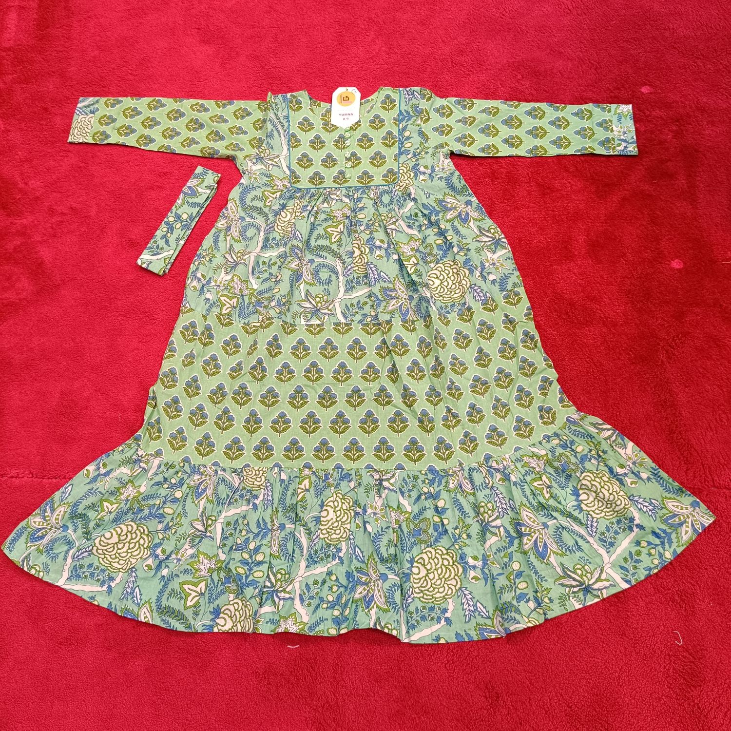 8-9 Year Yumna Green Printed Cotton Girls Dress 41&quot; Long Jalabiya