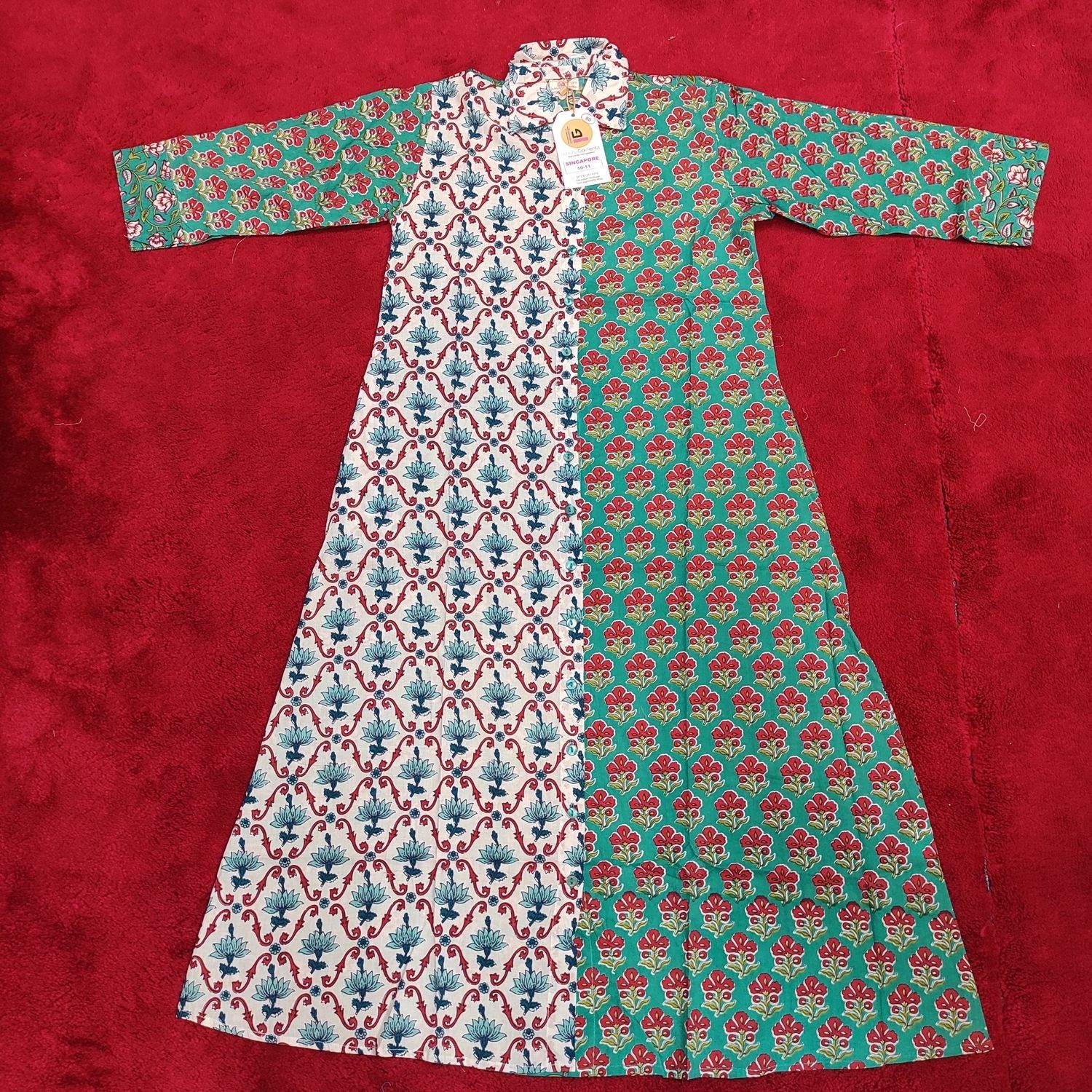 10-11 Year Singapore Printed Cotton Girls Dress 46&quot; Long Jalabiya