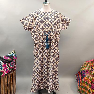Free Size Farasha Printed Kaftan Cotton Dress 56&quot; Long Jalabiya