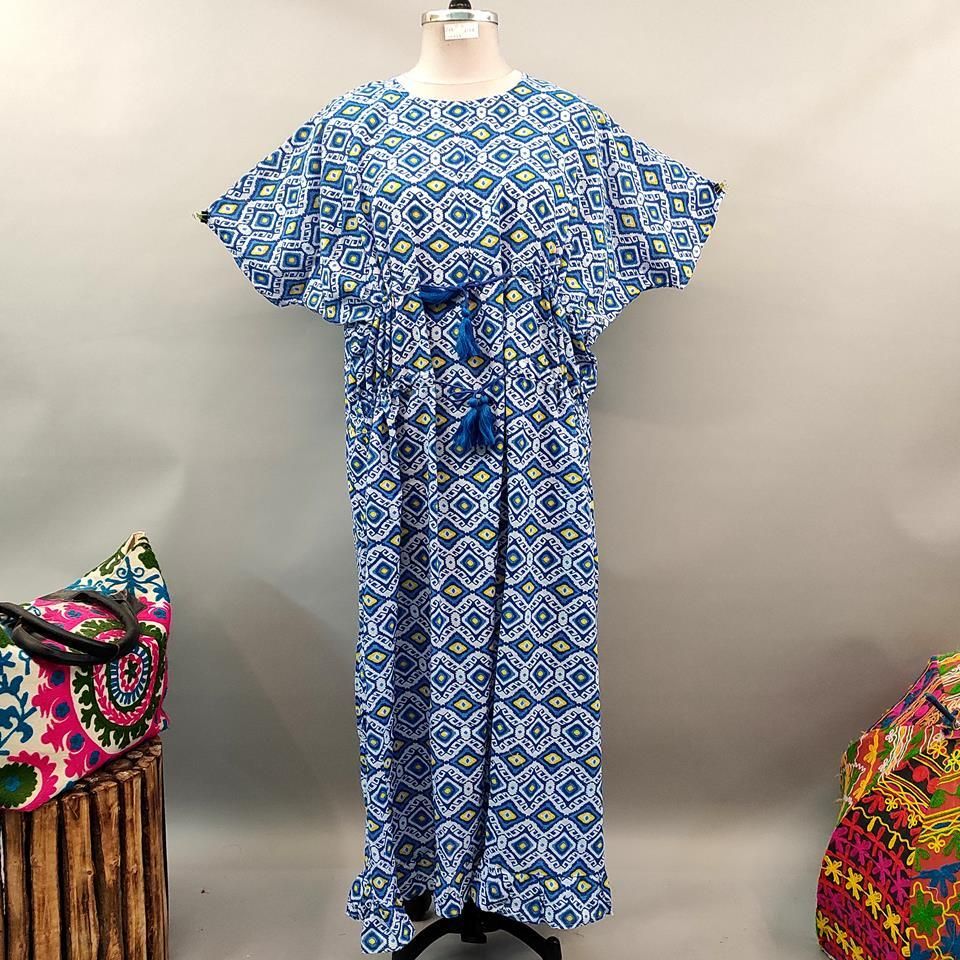 Free Size Farasha Printed Kaftan Cotton Dress 56&quot; Long Jalabiya