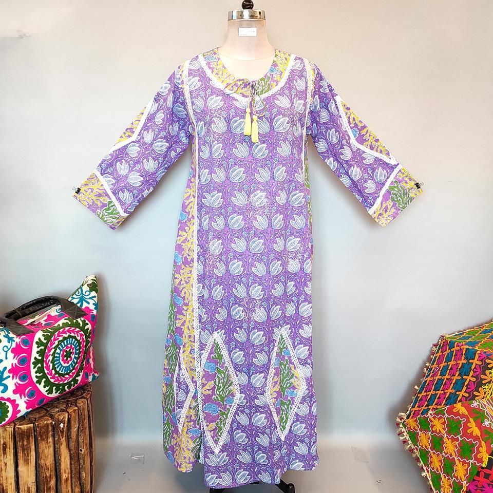L/XL Atushi Printed Cotton Dress 56&quot; Long Jalabiya