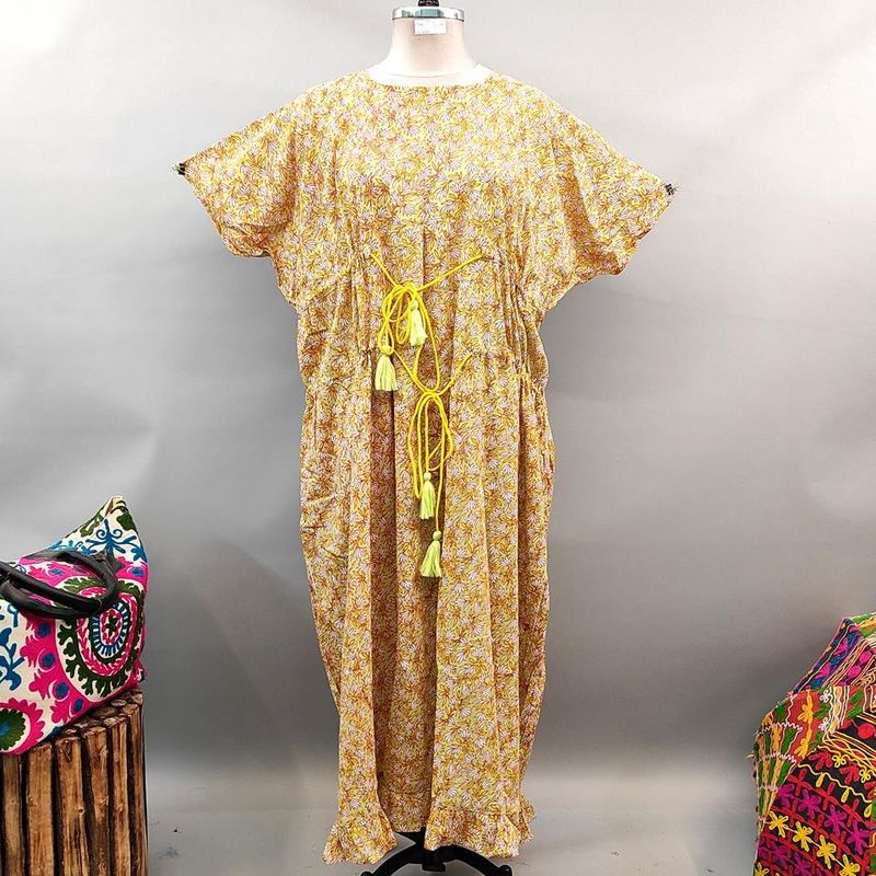 Free Size Farasha Printed Kaftan Cotton Dress 56&quot; Long Jalabiya