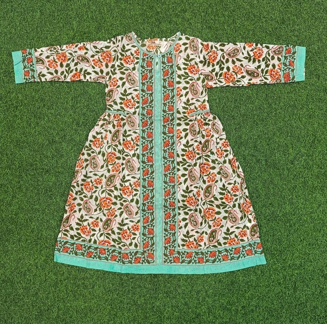 8-9 Year Bhopali Crystal Printed Cotton Girls Dress 42&quot; Long Jalabiya