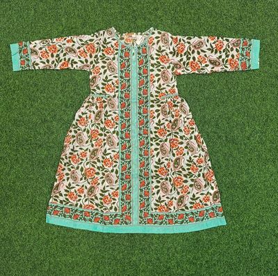 8-9 Year Bhopali Crystal Printed Cotton Girls Dress 42&quot; Long Jalabiya