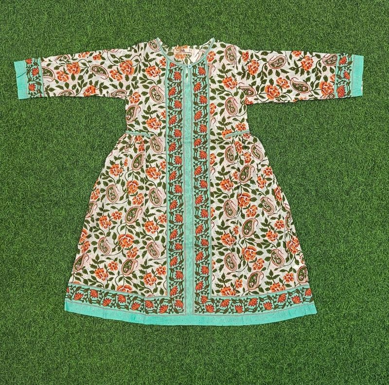 8-9 Year Bhopali Crystal Printed Cotton Girls Dress 42&quot; Long Jalabiya
