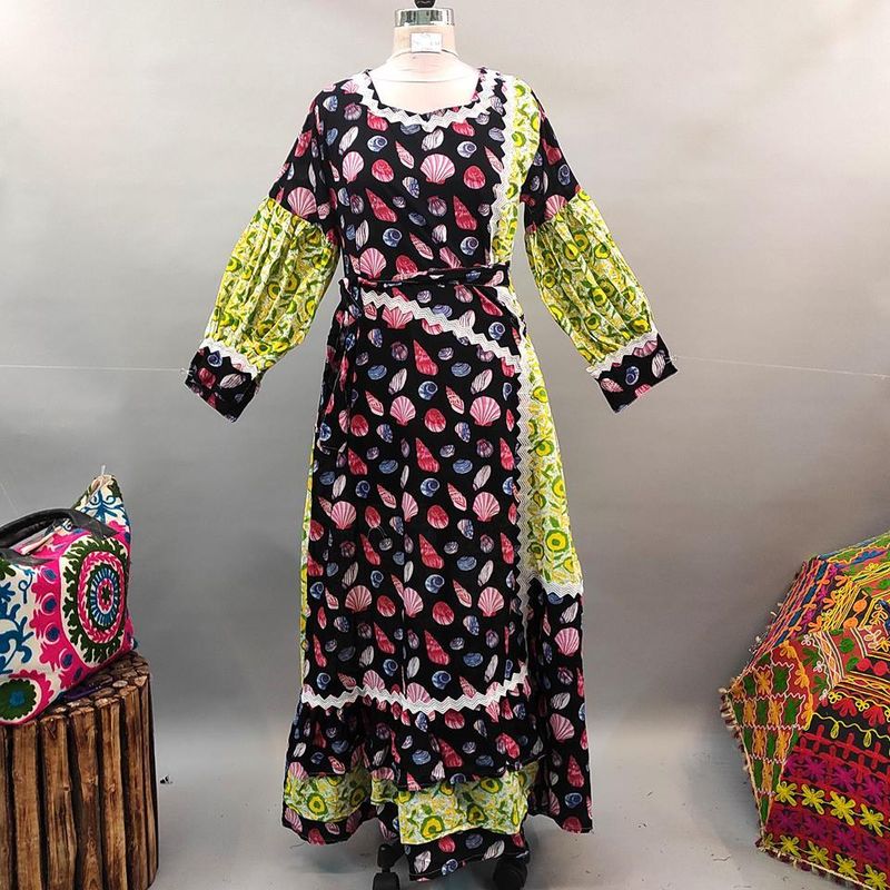 S/M Ayaana Printed Cotton Dress 57&quot; Long Jalabiya