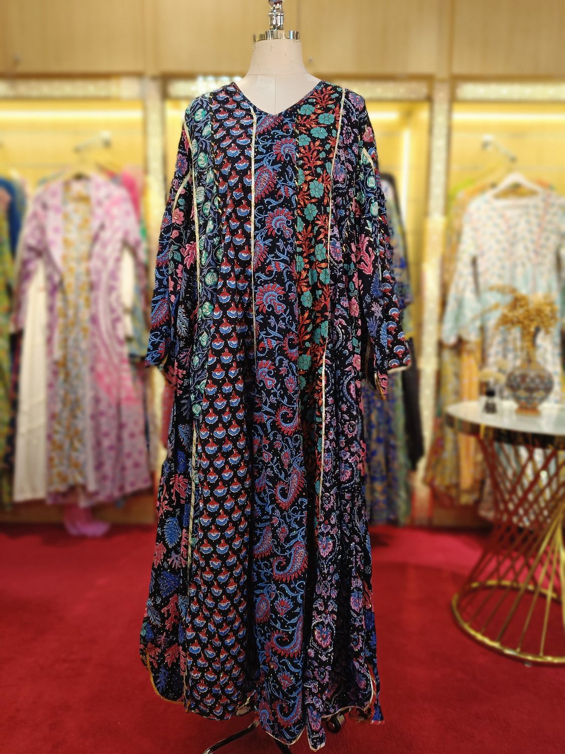 L/XL Meher Crystal black Multi Printed Cotton Dress 57&quot; Long Jalabiya