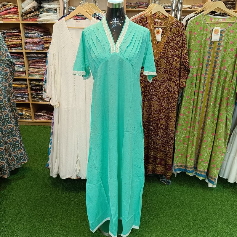 S/M Jasiba Crystal Aqua Plain Solid Cotton Dress 57&quot; Long Jalabiya