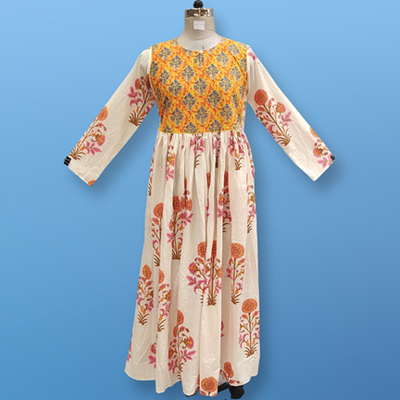 L/XL Masira Yellow Printed Cotton Dress 57&quot; Long Jalabiya