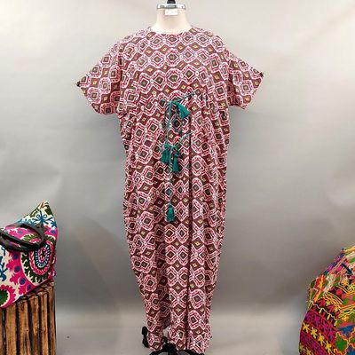 Free Size Farasha Printed Kaftan Cotton Dress 57&quot; Long Jalabiya