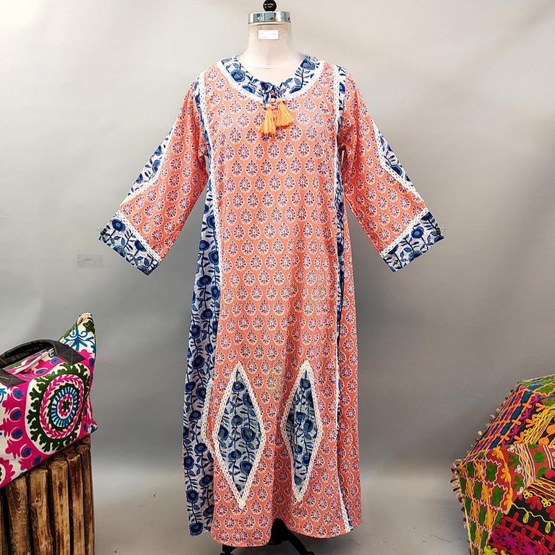 L/XL Atushi Printed Cotton Dress 56&quot; Long Jalabiya