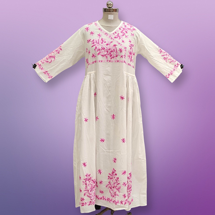 S/M Lairah Embroidery White Cotton Dress 56&quot; Long Jalabiya