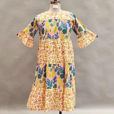 8-9 Year Moon Printed Cotton Girls Dress 42&quot; Long Jalabiya
