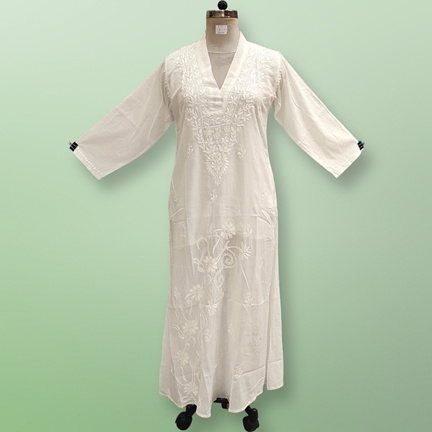 2XL/3XL Teena Embroidery White Cotton Dress 57&quot; Long Jalabiya