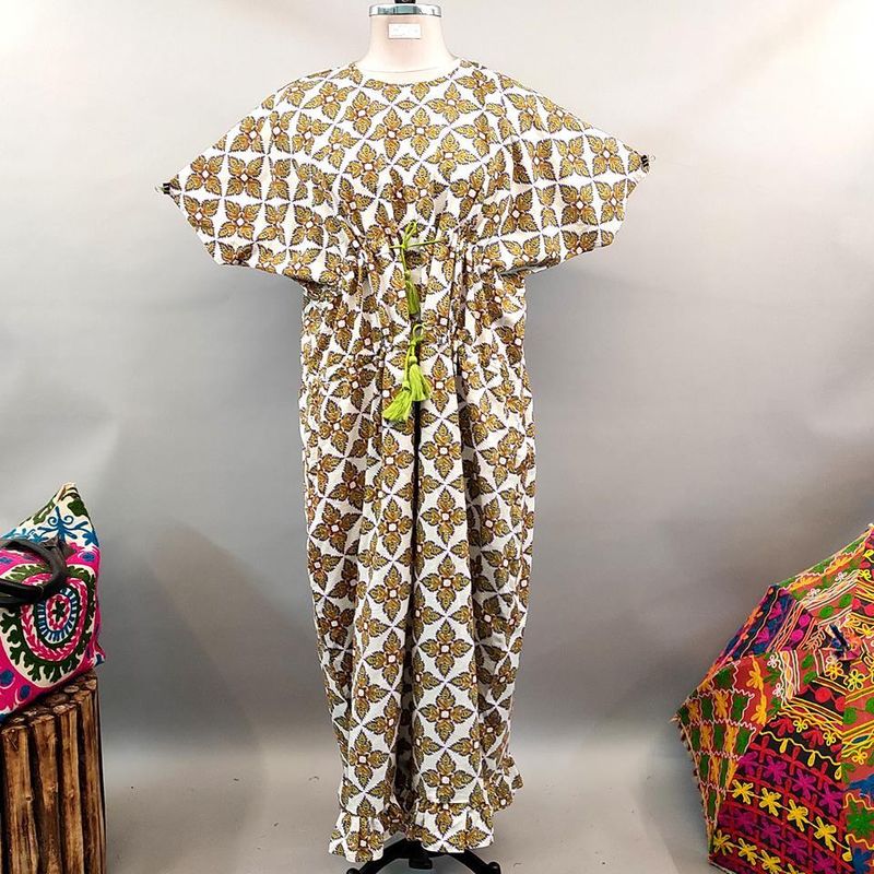 Free Size Farasha Printed Kaftan Cotton Dress 56&quot; Long Jalabiya