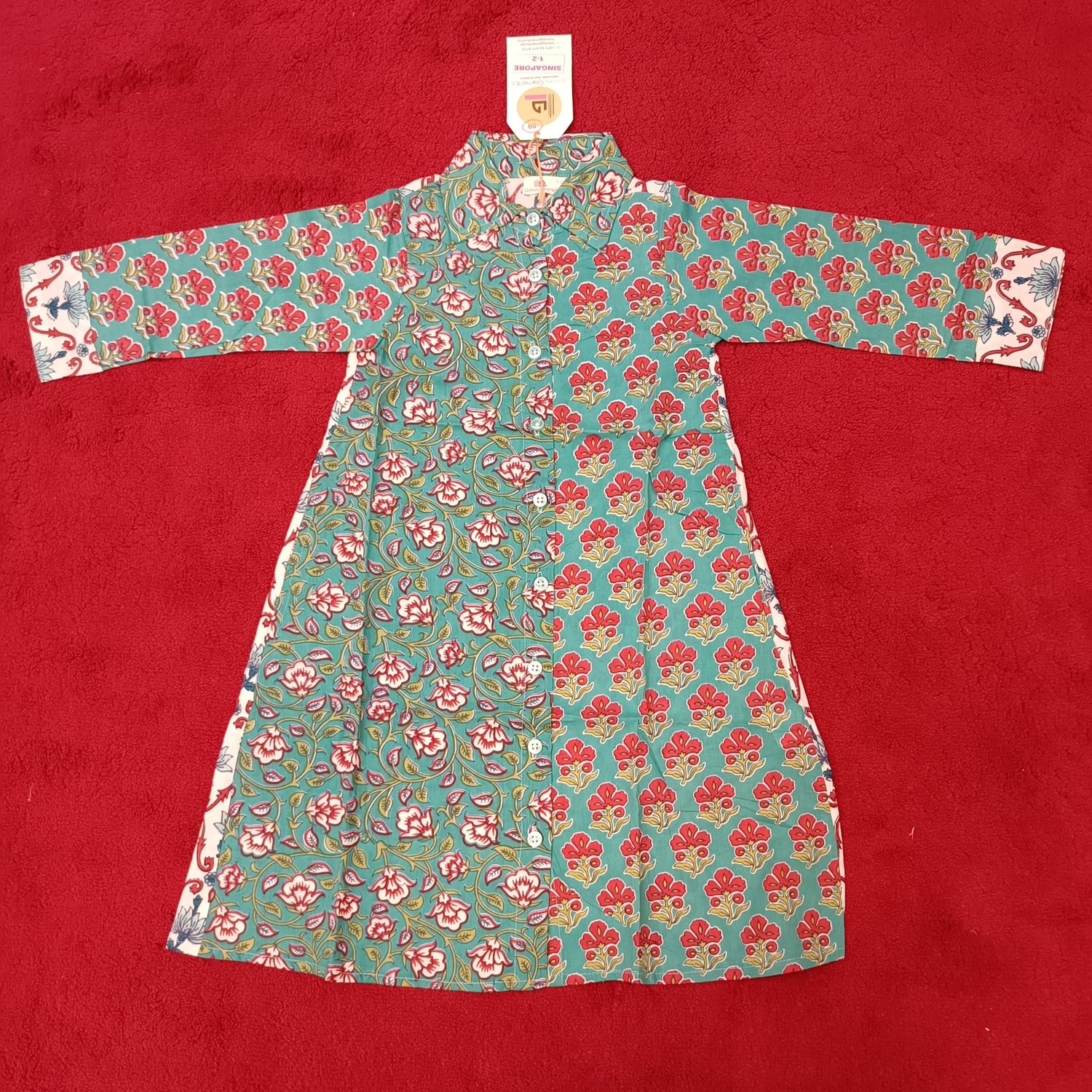1-2 Year Singapore Green Printed Cotton Girls Dress 26&quot; Long Jalabiya