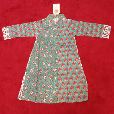 1-2 Year Singapore Green Printed Cotton Girls Dress 26&quot; Long Jalabiya