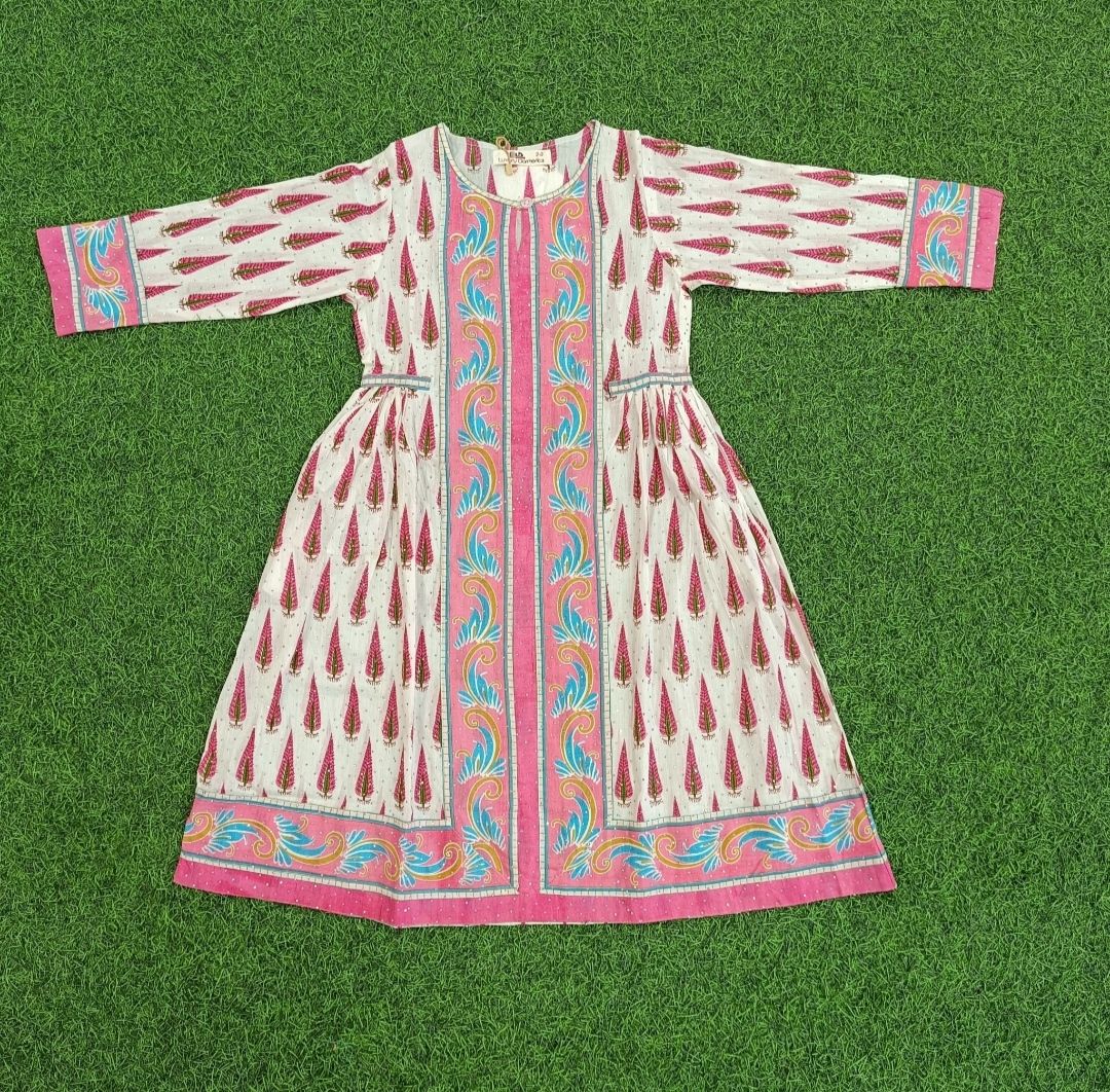 8-9 Year Bhopali Crystal Printed Cotton Girls Dress 42&quot; Long Jalabiya