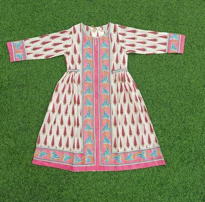 8-9 Year Bhopali Crystal Printed Cotton Girls Dress 42&quot; Long Jalabiya