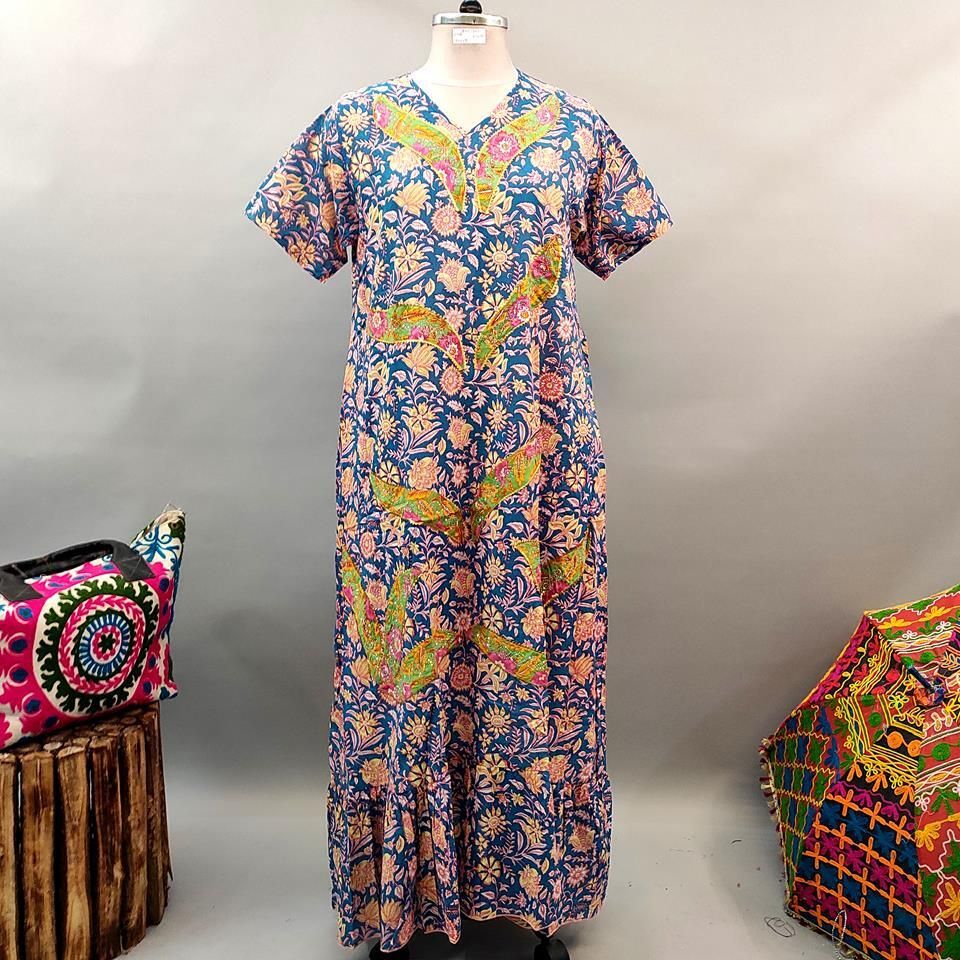 2XL/3XL Junaira Printed Cotton Dress 57&quot; Short Sleeves Jalabiya