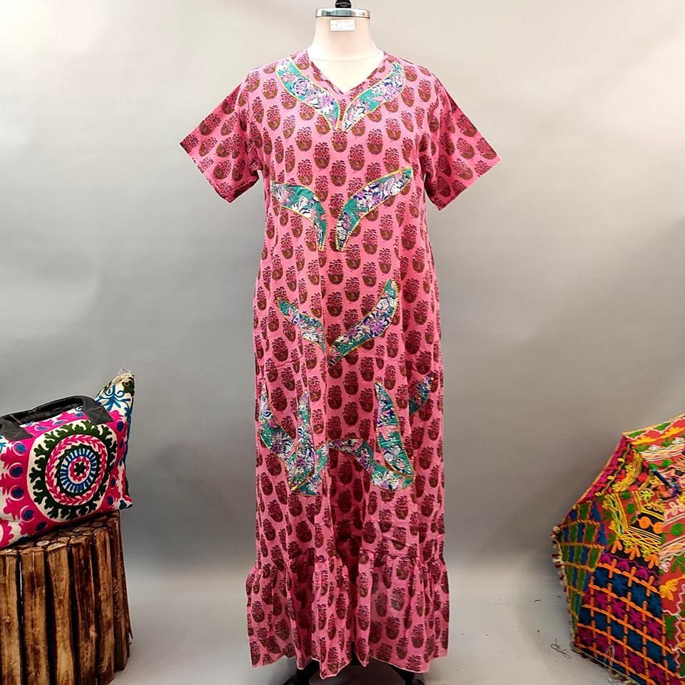 2XL/3XL Junaira Printed Cotton Dress 57&quot; Short Sleeves Jalabiya