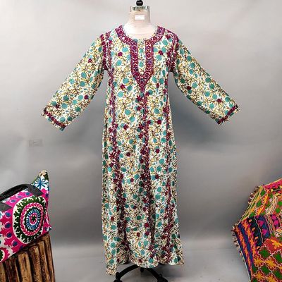 S/M Kafia Embroidery Printed Cotton Dress 56&quot; Long Jalabiya