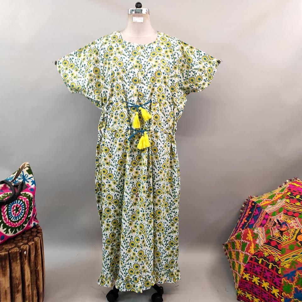 Free Size Farasha Printed Kaftan Cotton Dress 56&quot; Long Jalabiya