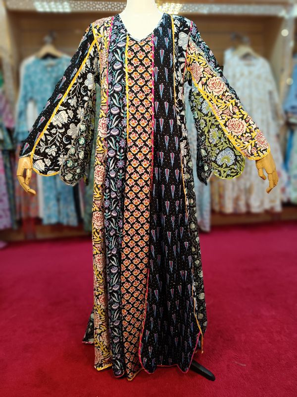 S/M Meher Crystal Black Multi Printed Cotton Dress 56&quot; Long Jalabiya