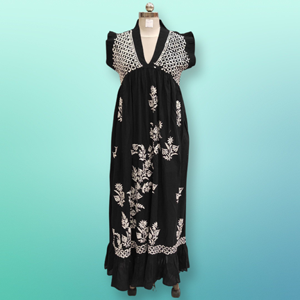 2XL/3XL Amani Embroidery Black Cotton Dress 57&quot; Short Sleeves Jalabiya