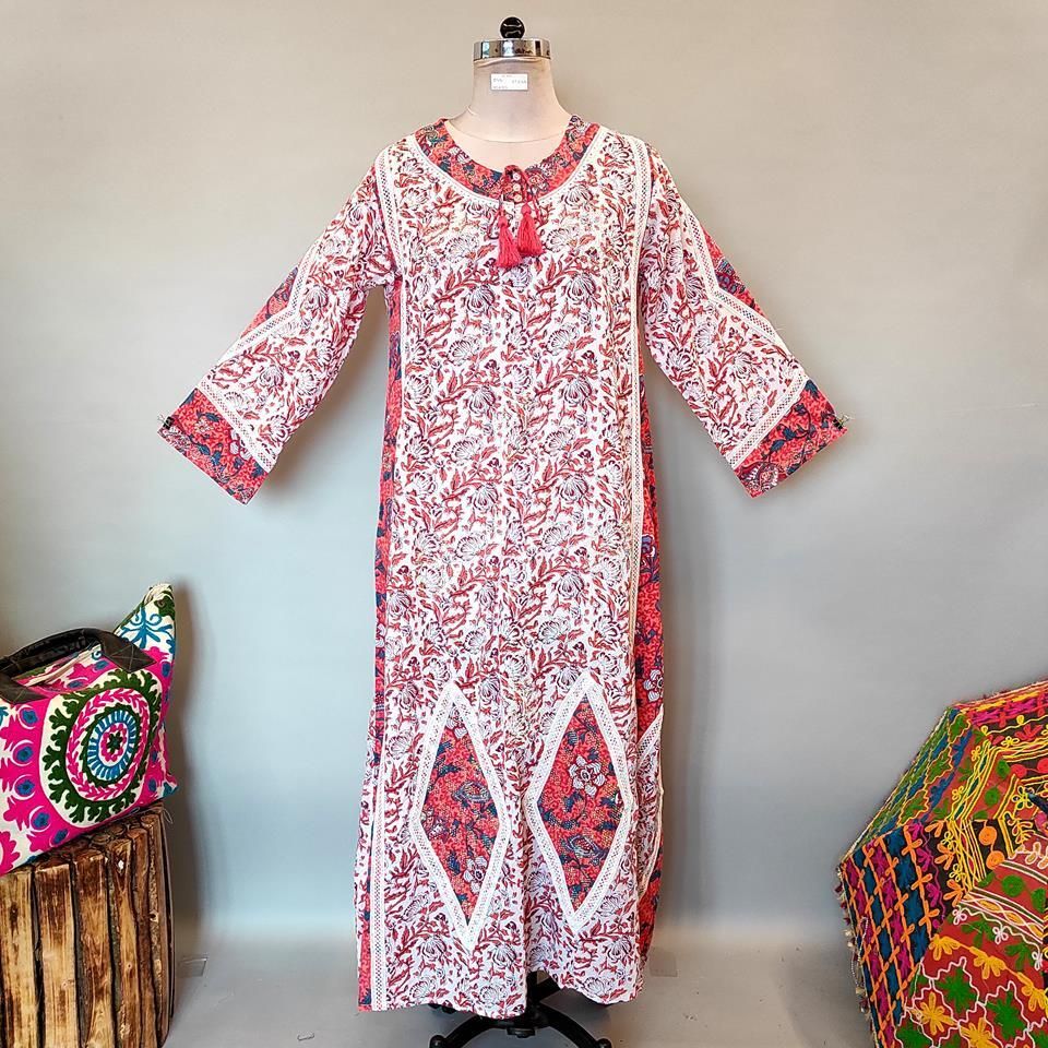 L/XL Atushi Printed Cotton Dress 56&quot; Long Jalabiya