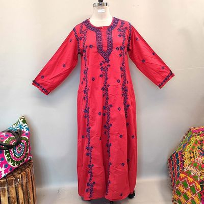 L/XL Kafia Embroidery Red Plain Solid Cotton Dress 57&quot; Long Jalabiya