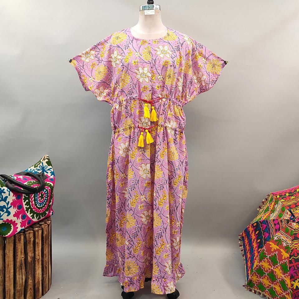 Free Size Farasha Printed Kaftan Cotton Dress 56&quot; Long Jalabiya