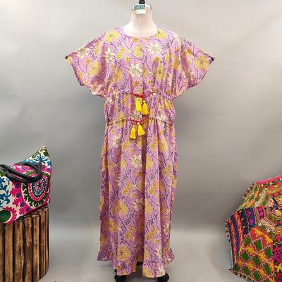 Free Size Farasha Printed Kaftan Cotton Dress 56&quot; Long Jalabiya