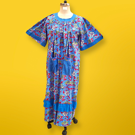 L/XL Nawaar Printed Cotton Dress 57&quot; Short Sleeves Jalabiya