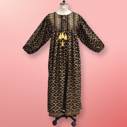 XS/S Sapphire Crystal Black Golden Cotton Dress 54&quot; Long Jalabiya