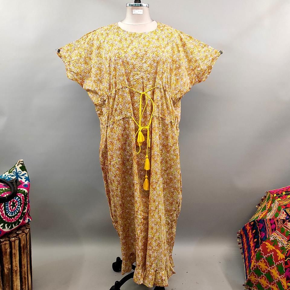 Free Size Farasha Printed Kaftan Cotton Dress 56&quot; Long Jalabiya
