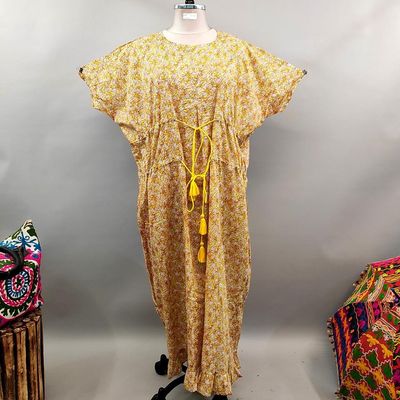 Free Size Farasha Printed Kaftan Cotton Dress 56&quot; Long Jalabiya