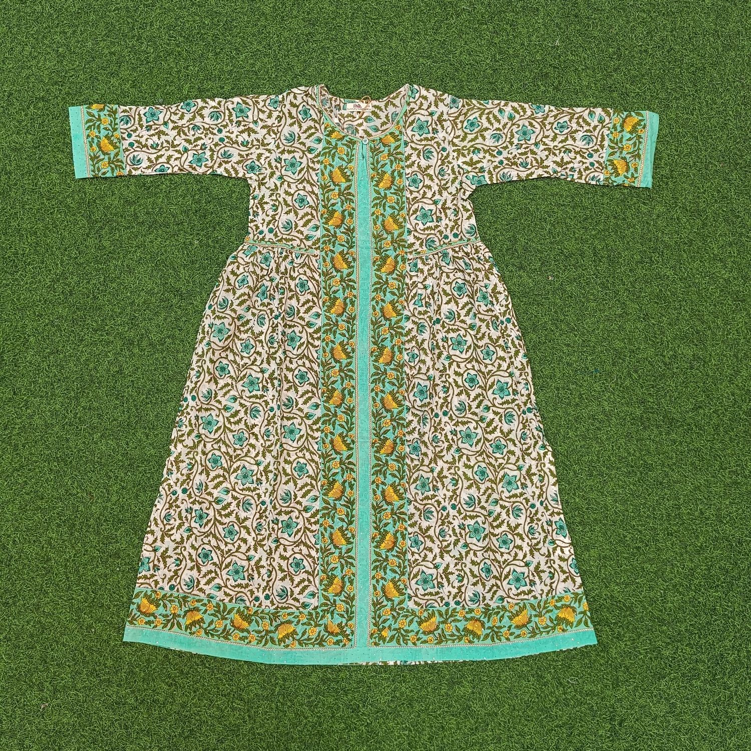 8-9 Year Bhopali Crystal Printed Cotton Girls Dress 42&quot; Long Jalabiya