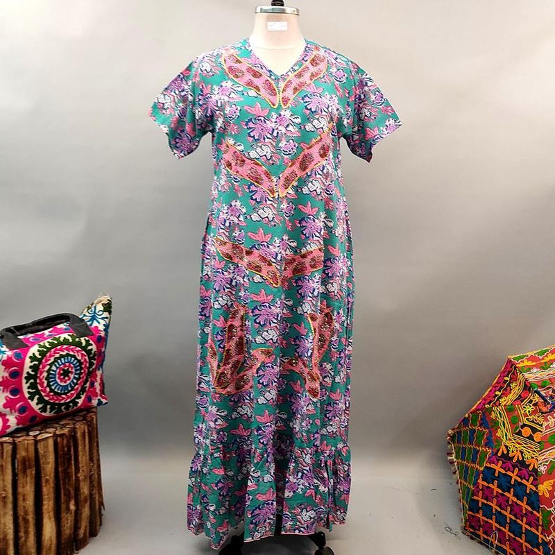 2XL/3XL Junaira Printed Cotton Dress 57&quot; Short Sleeves Jalabiya