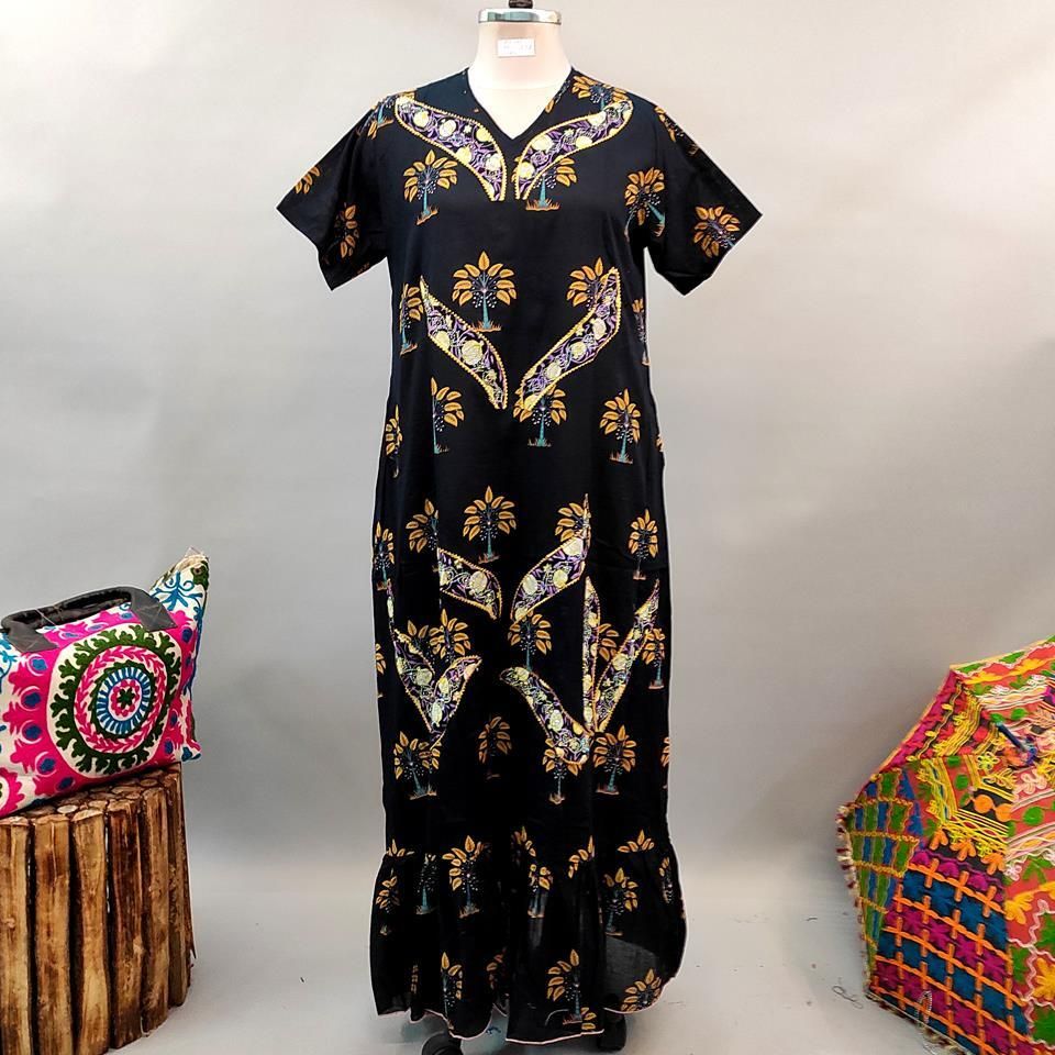2XL/3XL Junaira Black Printed Cotton Dress 57&quot; Short Sleeves Jalabiya