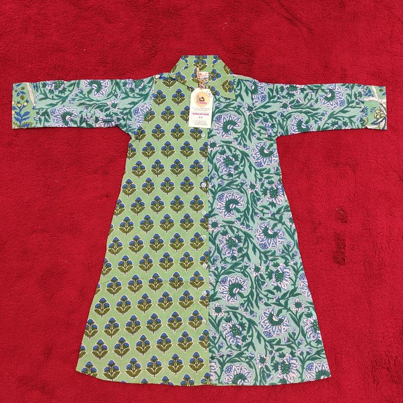 2-3 Year Singapore Blue Printed Cotton Girls Dress 29&quot; Long Jalabiya